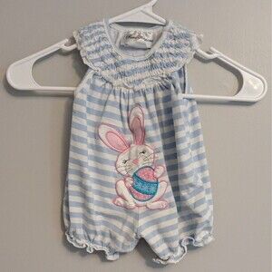 Rare Editions Easter Bunny Rabbit Egg Blue White Striped Romper - Size 9 Months